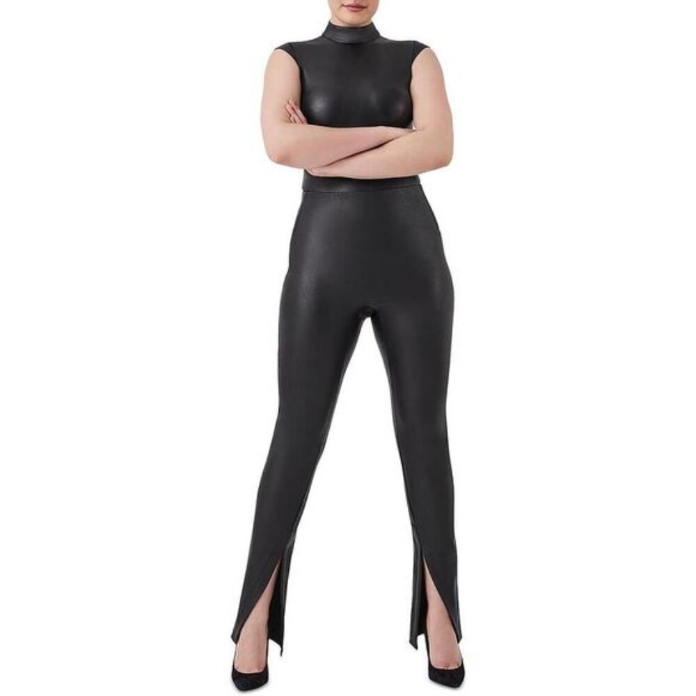 SPANX Black Faux-Leather High-Waist Split-Hem Jumpsuit